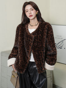 Eco-Friendly Velvet Mink Sleeve Coat Womens Retro Leopard Print Fur Jacket Short Style round Neck Long Sleeve Commute Fashion