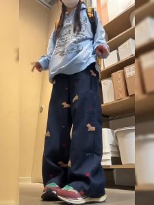 W. Shop กางเกงยีนส์ทรงตรงขากว้างปักลายย้อนยุคสไตล์อเมริกัน กางเกงขายาวทรงหลวมเอวสูง