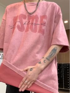 Pink American Style Heavyweight Mens T-Shirt Summer Suede Short Sleeve High Street Small Collar Trendy Brand Half Sleeve