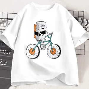 Sanrio | Cute Japanese Sushi Riding Bicycle T Shirt Funny Food Graphic Tee Salmon Sushi Character Tops Cartoon Bicycle Tee Tops