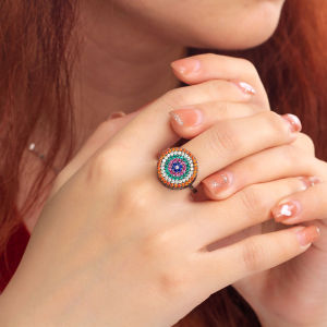 SEQUITO Korean Style Girly Finger Jewelry Black Gold Plated Full Inlay Rainbow Round AAAAA Cubic Zirconia Open Cuff Adjustable Nightclub Ring Clothing Accessories SR109