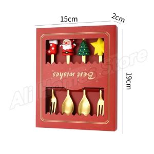 XMSJ | 4Pcs Christmas Stainless Steel Spoon Fork Set Santa Tree Star Dessert Coffee Stirring Flatware Holiday Party Tableware Gift Box