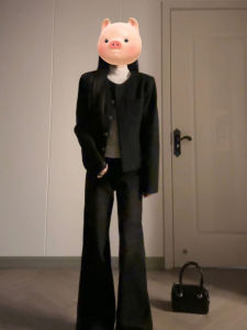 SHULINMEI | เสื้อแจ็คเก็ตสั้นสีดำสำหรับผู้หญิง ทรง Hebe ช่วงต้นฤดูใบไม้ร่วง เสื้อคาร์ดิแกน ทรงเข้ารูป สไตล์หวาน ผ้าโพลีเอสเตอร์ 100%