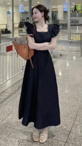 Đầm nữ dài dáng xoè tay bồng cổ vuông có chiết eo thanh lịch NEWFASHION99