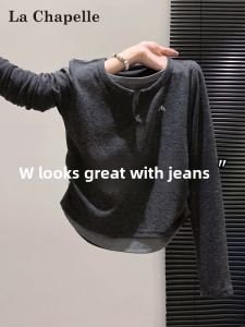 La Chapelle | Two-tone Spliced Slimming Embroidered Long Sleeve T-shirt