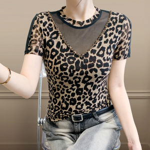 Yimei Áo thun nữ in da báo cổ điển cổ tròn ngắn tay mùa hè mới có lưới kim cương Áo cỡ lỡn ôm vừa nữ hợp thời trang áo Thun Cơ Bản