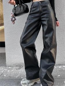 กางเกงยีนส์ทรงตรงเอวสูงผ้า PU สีดำ สำหรับผู้หญิงไซส์ใหญ่ ดีไซน์เก๋ไก๋ แฟชั่นสำหรับใส่ไปทำงาน กางเกงขายาวลำลอง