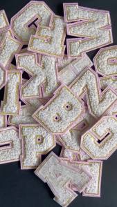 A~Z Alphabet Letters0~9 Numbers  Chenille Applique White  Iron On StickersTowel Embroidery with Gold Thread Sewing Patches