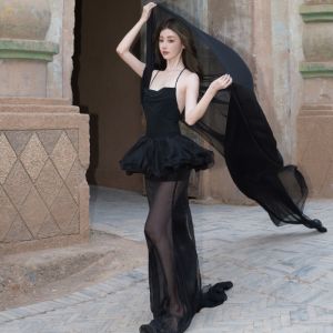 Bustier Neckline Tulle Dress Womens Long Skirt Gown Thin Fabric Sensation Puffy Bell Bottoms High Waist Polyester Fiber