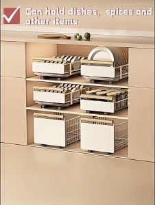 Pull out storage Basket for Kitchen Cabinet Dish Rack Organizer Dish Rack with Auto Drain Tray Sliding Cabinet Drawer Multifunctional Rack