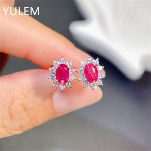 YULEM Silver 925 Natural 4x6mm Oval Cut Pink Ruby for Women Daily Wear Fine Ruby Earrings