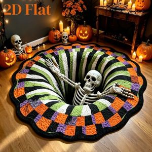 VIKAMA Halloween Skeleton Round Rug Flannel Non Slip Circular Carpet Green Spiral Vortex Skull Pattern Floor Mat Party Home