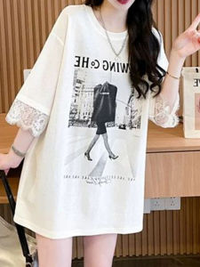 Loose Fit Lace Splice Pure Cotton Short Sleeve Backless Top Womens Summer New Style T-Shirt Korean Style Apple And Pear Body Type