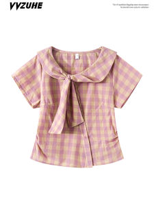 French Sweet Plaid Doll Collar Tie Short Sleeve Shirt Women Slimming Pleated Anti-Aging Outerwear Design Top Autumn
