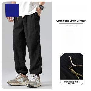 ROMON | Romon Linen Pants Mens Summer Thin New Loose Cuffed Summer Ice Silk Cotton Linen Casual Long Pants Fashionable Urban Style