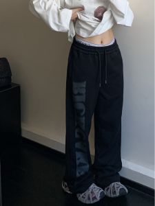 Street Style Womens Thickened Casual Printed Straight Leg Pants Loose Fit Long Trousers Chic American Minimalist Sweatpants