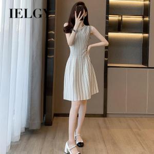 IELGY Summer Round Neck Sleeveless Knit Vertical Stripe Dress