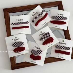 Brown Red Plaid Color Block Hair Clips Cute Girl Side Bangs Duckbill Hair Clips Textured Hair Accessories Fashionable Hairpins
