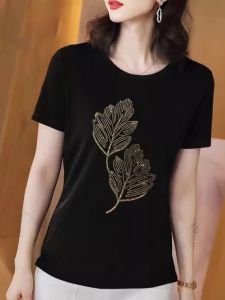 เสื้อยืดแขนสั้นประดับเพชรสำหรับผู้หญิงไซส์ใหญ่ สีดำ ทรงหลวม ทรงสลิมฟิต สำหรับคุณแม่ในช่วงฤดูร้อน เสื้อยืดผู้หญิงแบบลำลอง