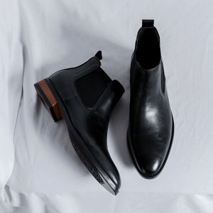 NUDANLAI | Chelsea Boots Mens High-top Leather Shoes Pointed Toe British Style Height-increasing Winter Fleece-lined Boots