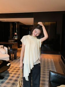 ALOHA LU | Áo Blouse Tay Ngắn Dây Nơ Không Đối Xứng Cho Phụ Nữ Bé Nhỏ