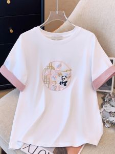Elegant Embroidered Short Sleeve T-Shirt Womens Loose Fit Cotton Pure White Half Sleeve Trendy Top for Summer Commute