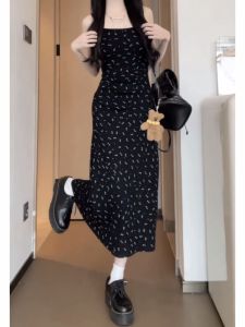 Floral Print Slim Fit Halter Dress Womens Summer New Sweet And Spicy Girl Waist Cinch Black Short Skirt Casual Commute Style