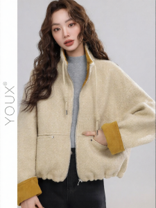 YOUXIANG | Áo Khoác Lông Cừu Hàn Quốc Thiết Kế Rộng Cổ Đối Chiếu