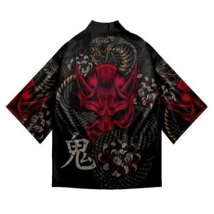 Japanese Oni Mask Haori Kimono Cardigan Snake Pattern Ukiyo-e Style Open Front Streetwear Harajuku Coat For Men Cosplay Party
