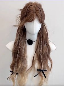 Golden Brown Gradient Long Curl Wig Womens Summer Thin Full Cover Style Korean Wave Pattern Artificial Hair Fake Hair