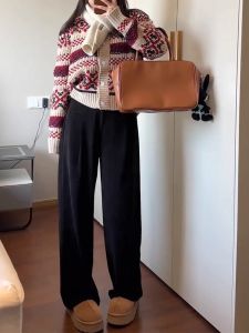 Black Corduroy Wide Leg Pants Womens Autumn Winter Thickened Fleece Straight Loose Slimming Pants High Waist Long Trousers