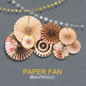 ✨SG Ready Stock✨8pcs/set Black Gold paper fan flower birthday party background decoration paper folding fan window dessert table decorate the room