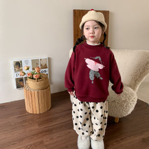ชุดเสื้อสเวตเตอร์บุขนแกะสำหรับเด็กผู้หญิงฤดูใบไม้ร่วง/ฤดูหนาว เสื้อเชิ้ตและกางเกงผ้าฝ้ายผสมโพลีเอสเตอร์ ความยาวปกติ