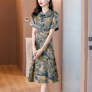 MAIMEI | Young Mom Floral Cheongsam Dress Korean Style High Waist A-Line Skirt Summer Season Short Sleeve Zipper Closure Elegant Lady