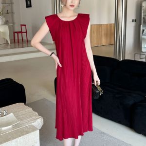 Miyake High-end Pleated Dress French Cream Fresh Casual Fashion Dress # 1412