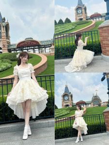 French Floral Summer Dress Womens High Waist Princess Style Butterfly Knot Puffy Skirt Commute Short Sleeve Long Dress
