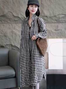 Elegant Plaid Long Sleeve Thin Womens Dress Korean Style Commute Button Loose Waist Polyester Fiber Shirt Dress Outerwear