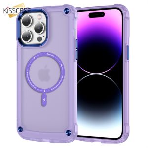 KISSCASE For iPhone15ProMax Hybrid Shockproof Matte Clear For Magsafe Wireless Charging Amor Case Large-Hole Metal Lens Frame Metal Button CD Pattern Four-Corner Anti-Fall Bumper Back Cover For Apple15 14 13 12
