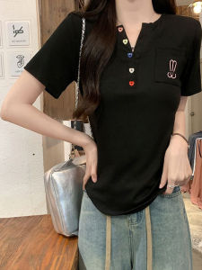 plus Size Womens V-Neck Short Sleeve T-Shirt Korean Style Slim Fit Summer New Arrival Casual Versatile Top for plus Size