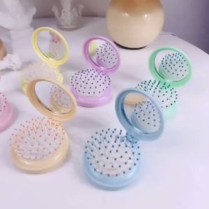 Sisir Mini Lipat Bulat Traveling Portable Dengan Kaca Make Up Mirror Cermin 2in1 Anti Ribet Compact Serbaguna