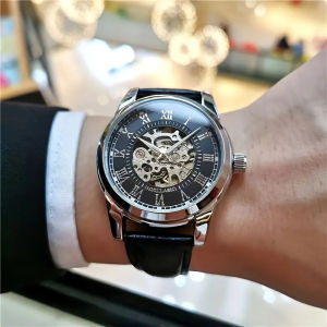 Elegant Mens Automatic Mechanical Watch with Skeleton Design - Leather Strap Roman Numeral Dial Automatic Movement Perfect for Business and Casual Wear Ideal Gift for Young Men Business Casual Mens Watch | Skeleton Watch with Hollow Design | Dur...