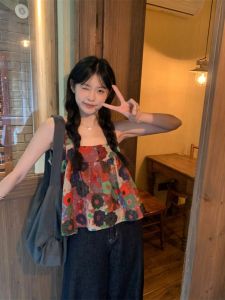 Plus Size Womens Fashion All-Matching Fancy Super Nice Sleeveless Floral Camisole Womens Age-Reducing Baby Shirt Top