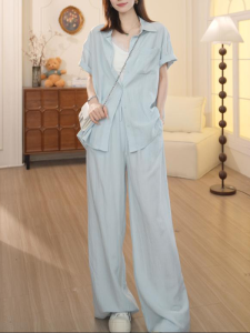 Shalldoer | Casual Loose Short Sleeve Shirt And Straight Leg Pants Womens Two Piece Set Summer Fashionable Laid Back Style By Xiangduor