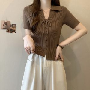 Short Sleeve V Neck Ice Silk Knitted T-shirt Womens Summer Plus Size Plus Size Ladies Slim Looking Maillard Short Tops Shoulder Polo Shirt