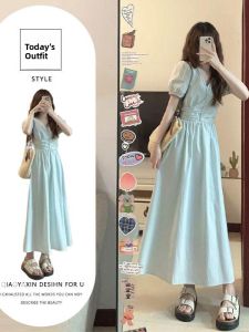 Blue French Style V-Neck Puffy Sleeve Dress Womens Summer 2025 New Waist-Cinching Slimming Long Dress Tea Break A-Line Skirt