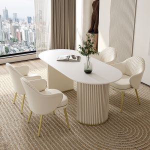 French Cream Designer Creative and Slightly Luxury Style Restaurant Rock Board Oval Dining Tables and Chairs Set New Home