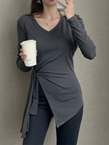 Pure Cotton V-Neck Long Sleeve T-Shirt Women Early Spring New Large Size Slimming Top Asymmetrical Korean Style Commute