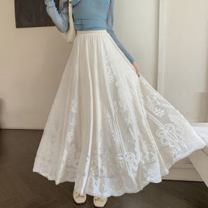 Retro Thickened White Lace Embroidered Pleated Long A-Line Skirt High Waist Commute Style Polyester Fiber 100% Spring Season