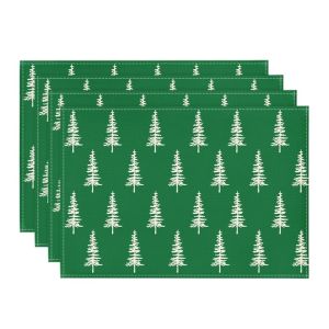 VIKAMA Christmas Placemat Vintage Green Xmas Tree Print for Dining Table Home Kitchen Winter Holiday Table Decor