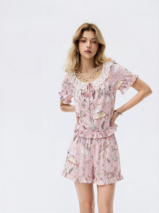 Mybody | Summer Fairytale Print Lace Ruffle Womens Sleepwear Set
